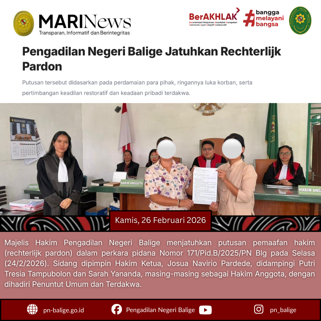 MAJELIS HAKIM PENGADILAN NEGERI BALIGE MENJATUHKAN PUTUSAN PEMAAFAN HAKIM (RECHTERLIJK PARDON) MAJELIS HAKIM PENGADILAN NEGERI BALIGE MENJATUHKAN PUTUSAN PEMAAFAN HAKIM (RECHTERLIJK PARDON)